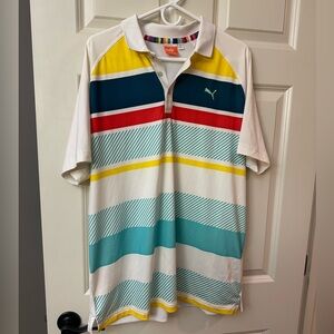 Puma White and Red Polo Golf Shirt with Modern Stripes